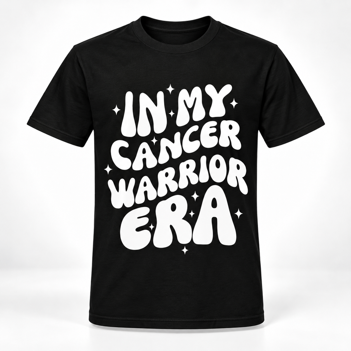A black short-sleeve crewneck t-shirt with a bold white graphic text reading 'IN MY CANCER WARRIOR ERA' decorated with small white star accents, displayed on a clean white background.