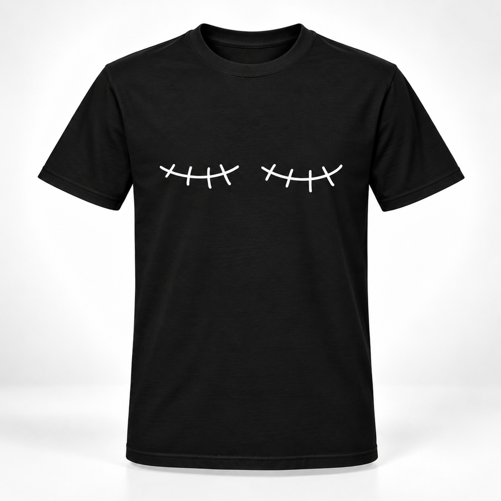 A black short-sleeve crewneck t-shirt featuring a white graphic of a double mastectomy scar on the chest, displayed on a clean white background.