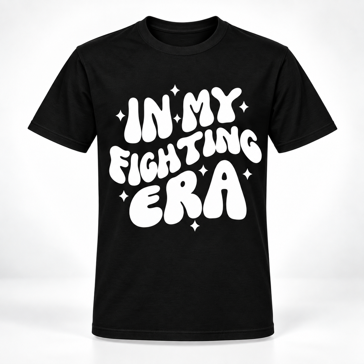 A black short-sleeve crewneck t-shirt with a bold white graphic text reading 'IN MY FIGHTING ERA' surrounded by small white star sparkles, displayed on a clean white background.