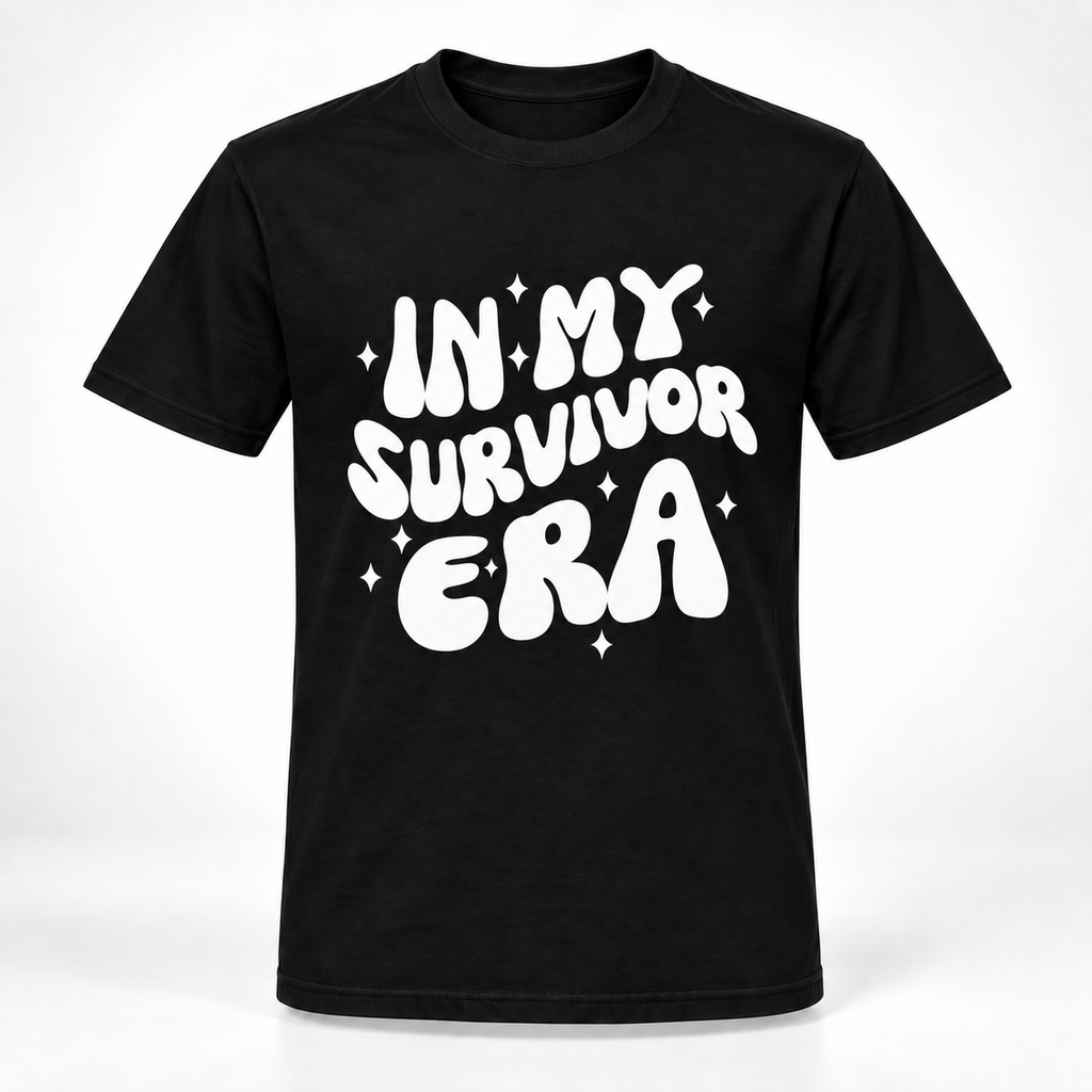 A black short-sleeve crewneck t-shirt with a bold white graphic text print reading 'IN MY SURVIVOR ERA' decorated with small white star accents, shown against a plain white background.