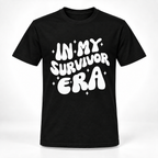 A black short-sleeve crewneck t-shirt with a bold white graphic text print reading 'IN MY SURVIVOR ERA' decorated with small white star accents, shown against a plain white background.