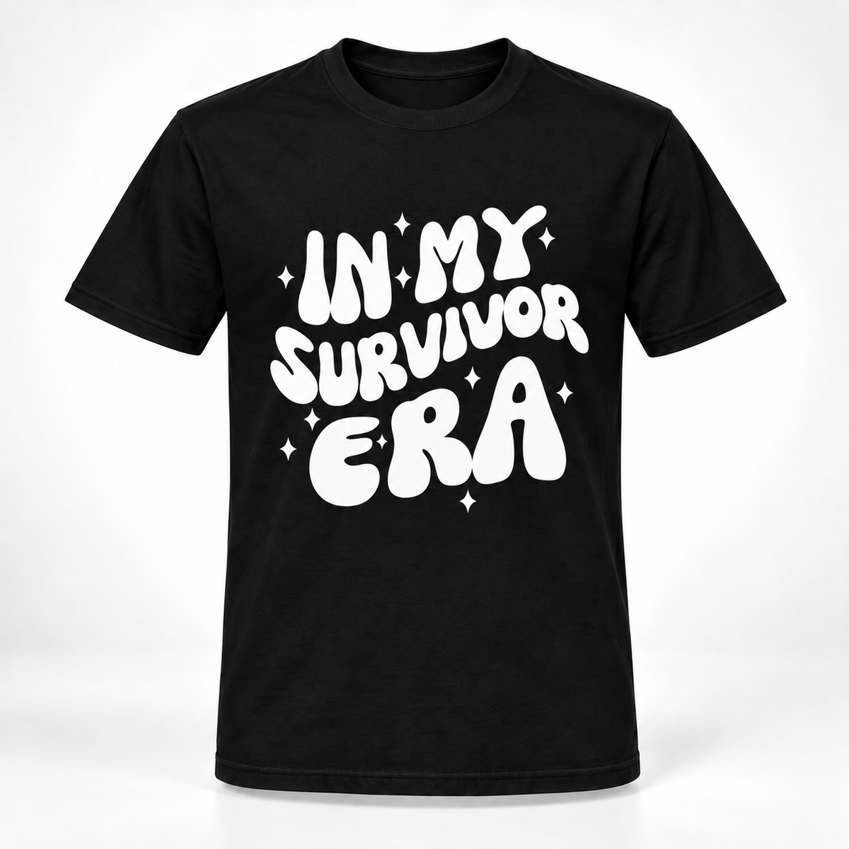 A black short-sleeve crewneck t-shirt with a bold white graphic text print reading 'IN MY SURVIVOR ERA' decorated with small white star accents, shown against a plain white background.