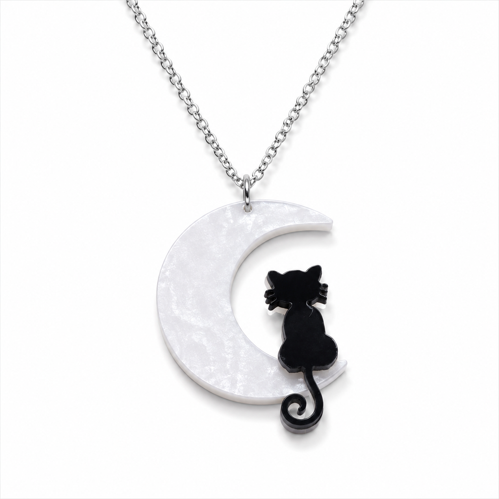 Cat Moon Necklace with black cat on pearlescent white crescent moon pendant and silver-tone chain