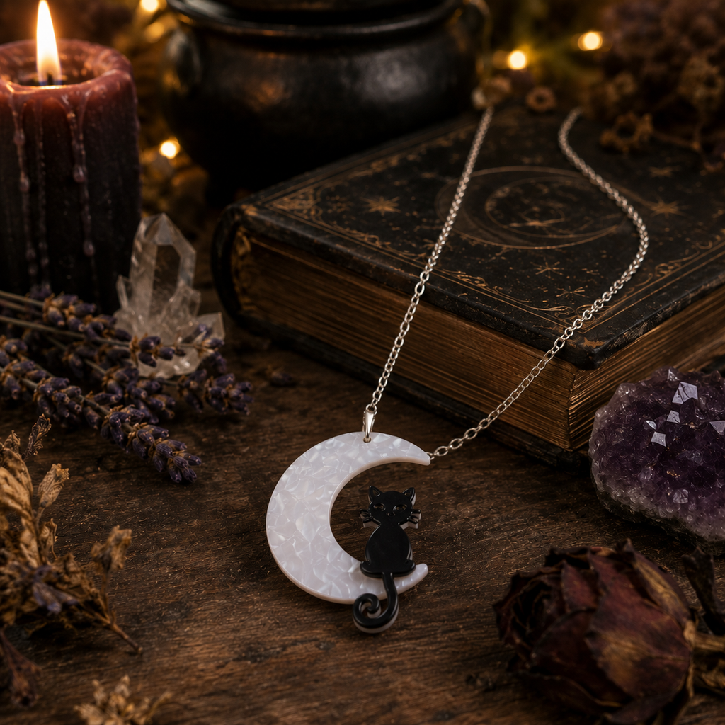 Black Cat Crescent Moon Necklace, draped over a book surrounded by dried flowers, a lit candle and crystals