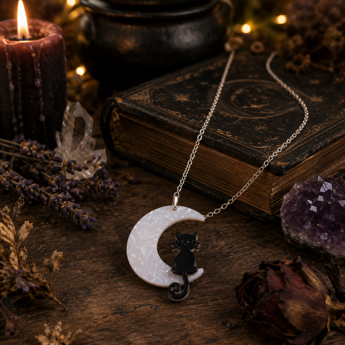 Black Cat Crescent Moon Necklace, draped over a book surrounded by dried flowers, a lit candle and crystals