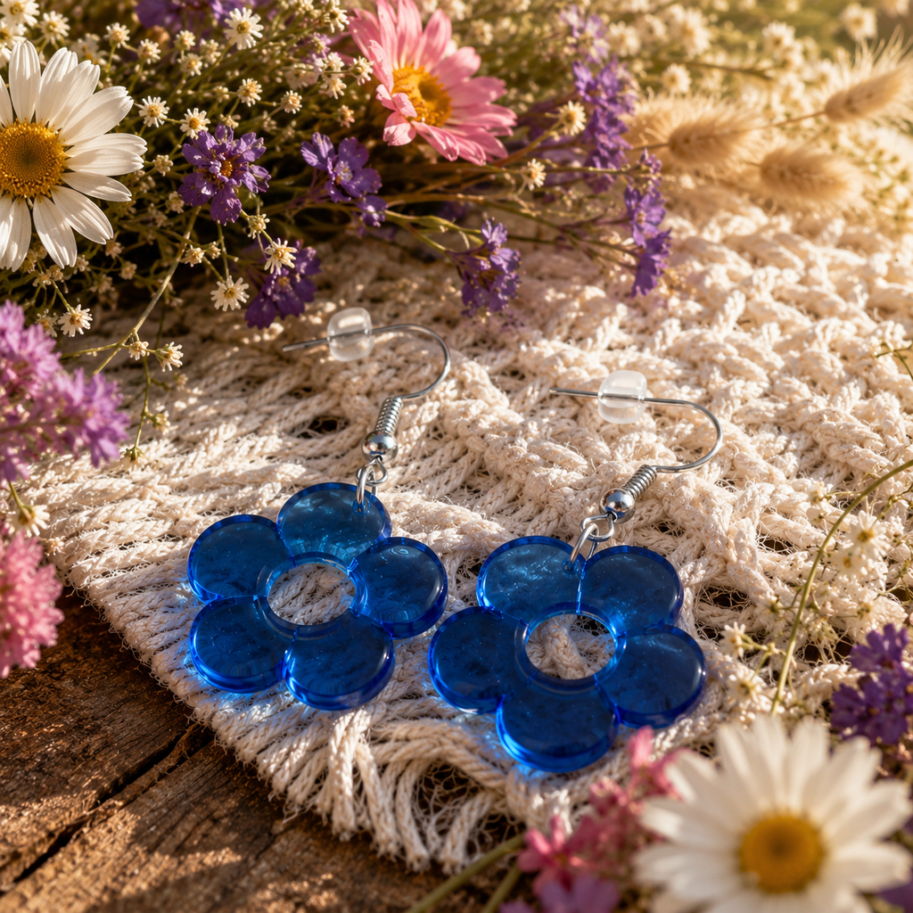 Blue Flower Earrings with translucent acrylic five-petal flowers and silver-tone dangle hooks surrounded by flowers on a crochet mat