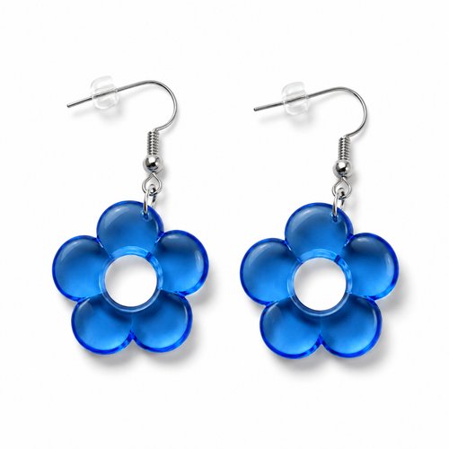 Blue Flower Earrings with translucent acrylic five-petal flowers and silver-tone dangle hooks