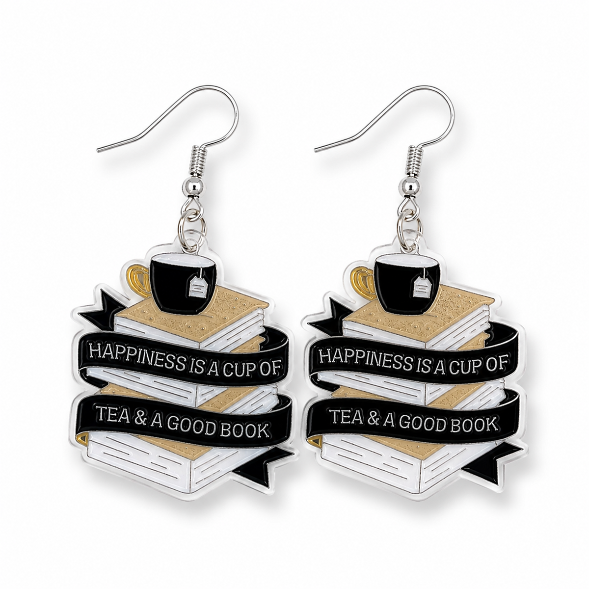 Book Lover Earrings with stacked books, black teacup and Happiness is a cup of tea and a good book quote