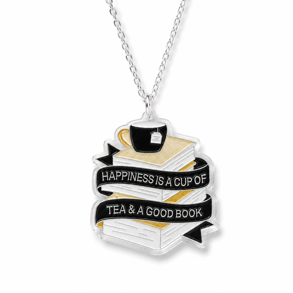 Book Lover Necklace with stacked books, black teacup and Happiness is a cup of tea and a good book pendant