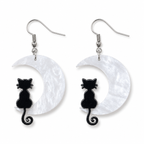 Cat Moon Earrings with black cat silhouettes on pearlescent white crescent moons and silver hooks