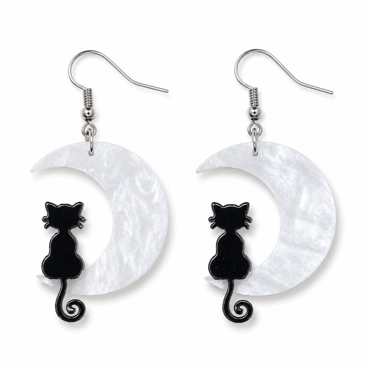 Cat Moon Earrings with black cat silhouettes on pearlescent white crescent moons and silver hooks