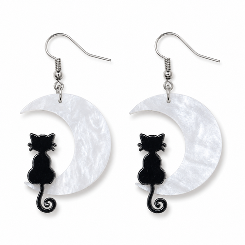 Cat Moon Earrings with black cat silhouettes on pearlescent white crescent moons and silver hooks