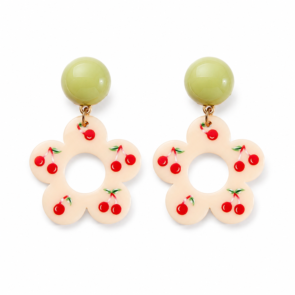 Cherry Flower Earrings with pink floral drops, red cherry details and glossy pale green round studs