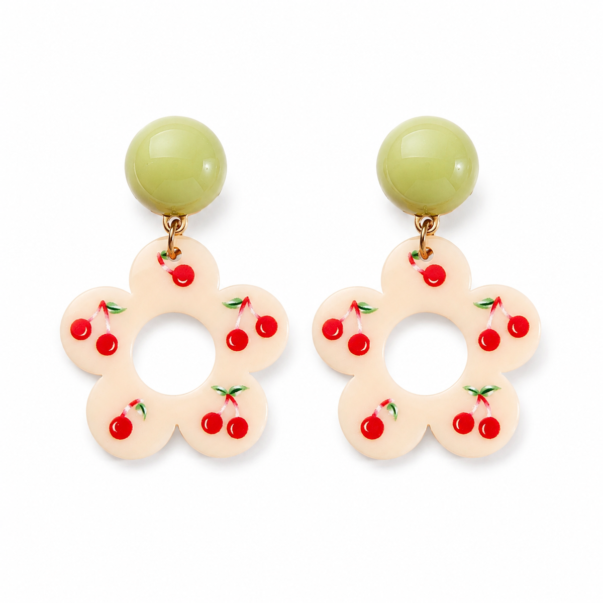 Cherry Flower Earrings with pink floral drops, red cherry details and glossy pale green round studs