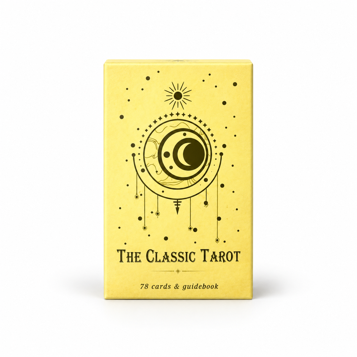 The Classic Tarot deck box in pale yellow with a black celestial design of a crescent moon, sun, and stars, on a white background.