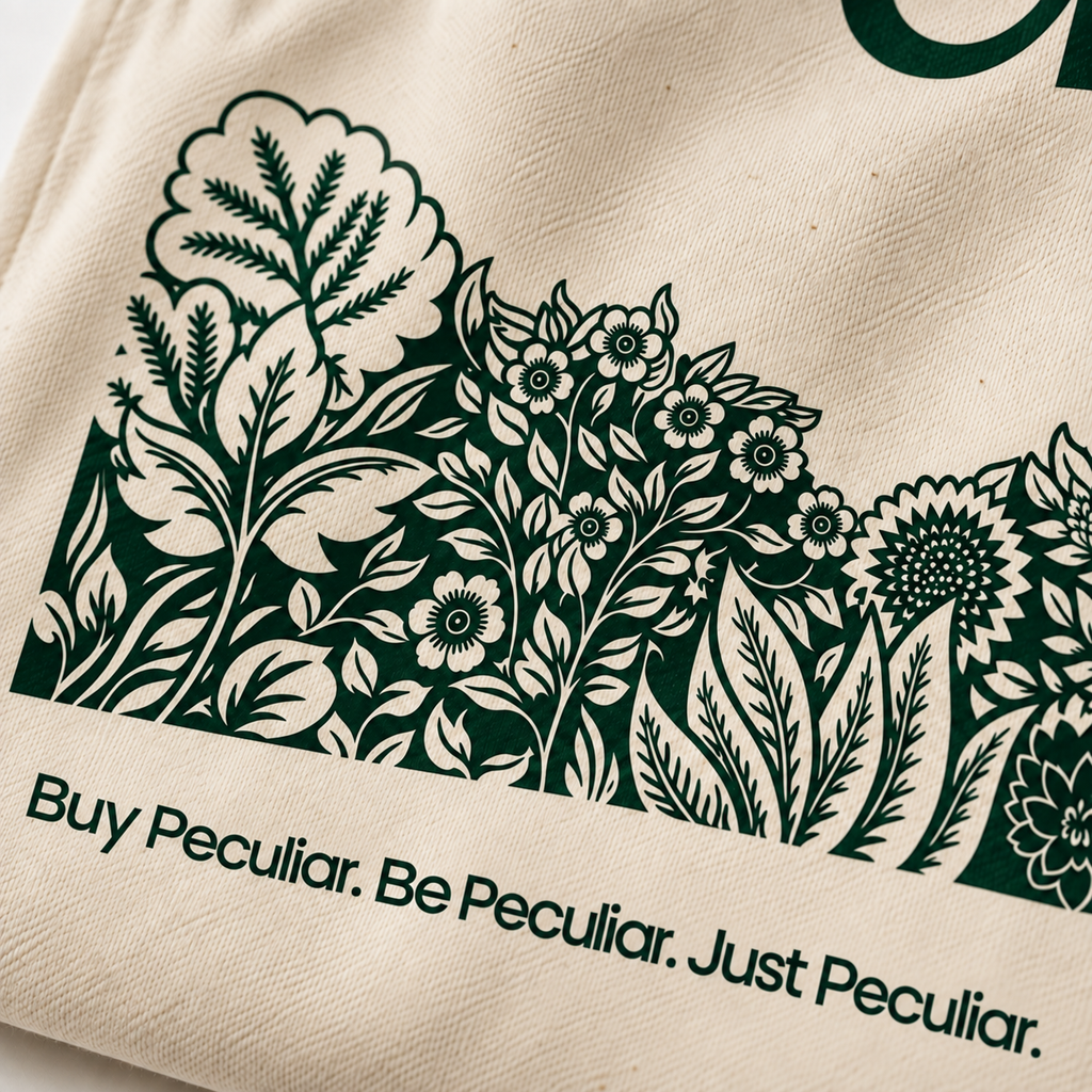Close-up of a cream canvas tote bag featuring a dark green botanical floral pattern and the printed text 'Buy Peculiar. Be Peculiar. Just Peculiar.