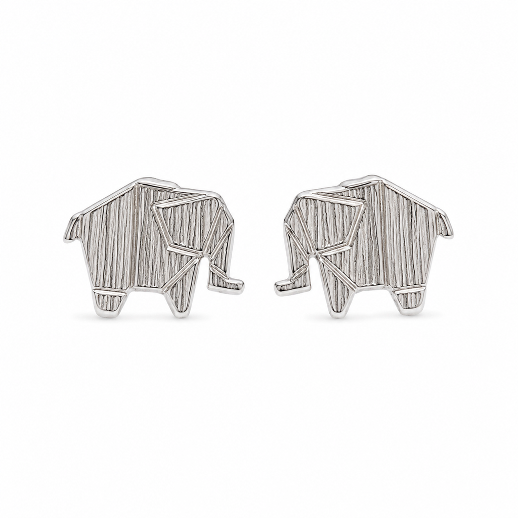 Elephant Stud Earring pair in sterling silver with textured origami-style elephant design