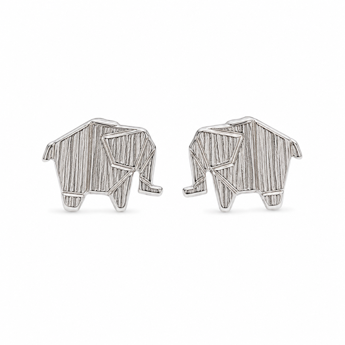 Elephant Stud Earring pair in sterling silver with textured origami-style elephant design