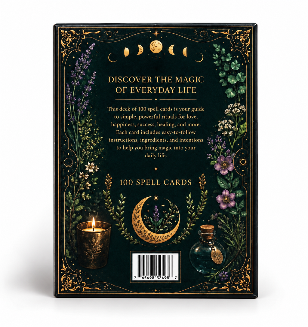 The back of a black card deck box with ornate gold and multicolor botanical illustrations, featuring text that reads 'Discover the Magic of Everyday Life' and '100 Spell Cards.'.