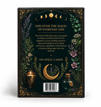 The back of a black card deck box with ornate gold and multicolor botanical illustrations, featuring text that reads 'Discover the Magic of Everyday Life' and '100 Spell Cards.'.