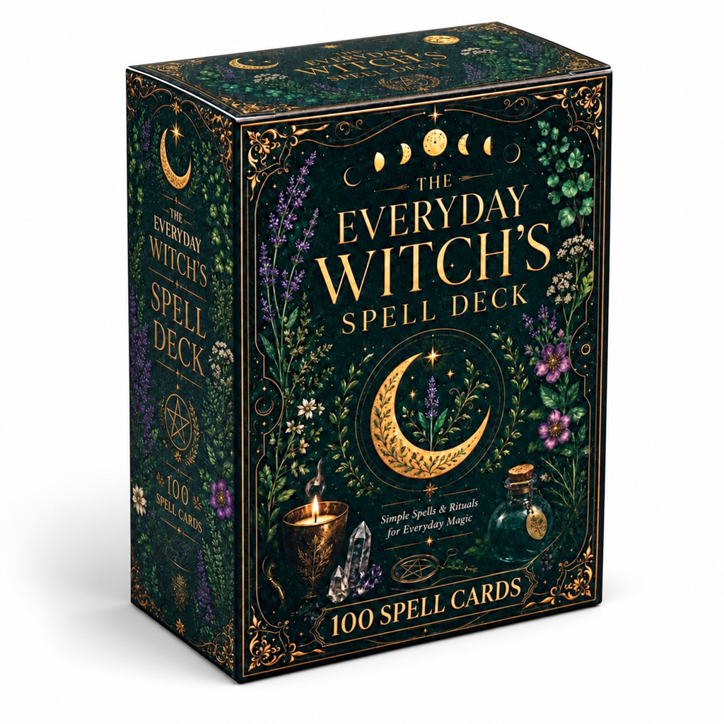 The Everyday Witch's Spell Deck box, featuring a dark green background decorated with gold ornate borders, purple and white flowers, a crescent moon, and a small cauldron and potion bottle illustration.