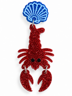 Red glitter Lobster Earring with blue glitter seashell studs and dangling claws