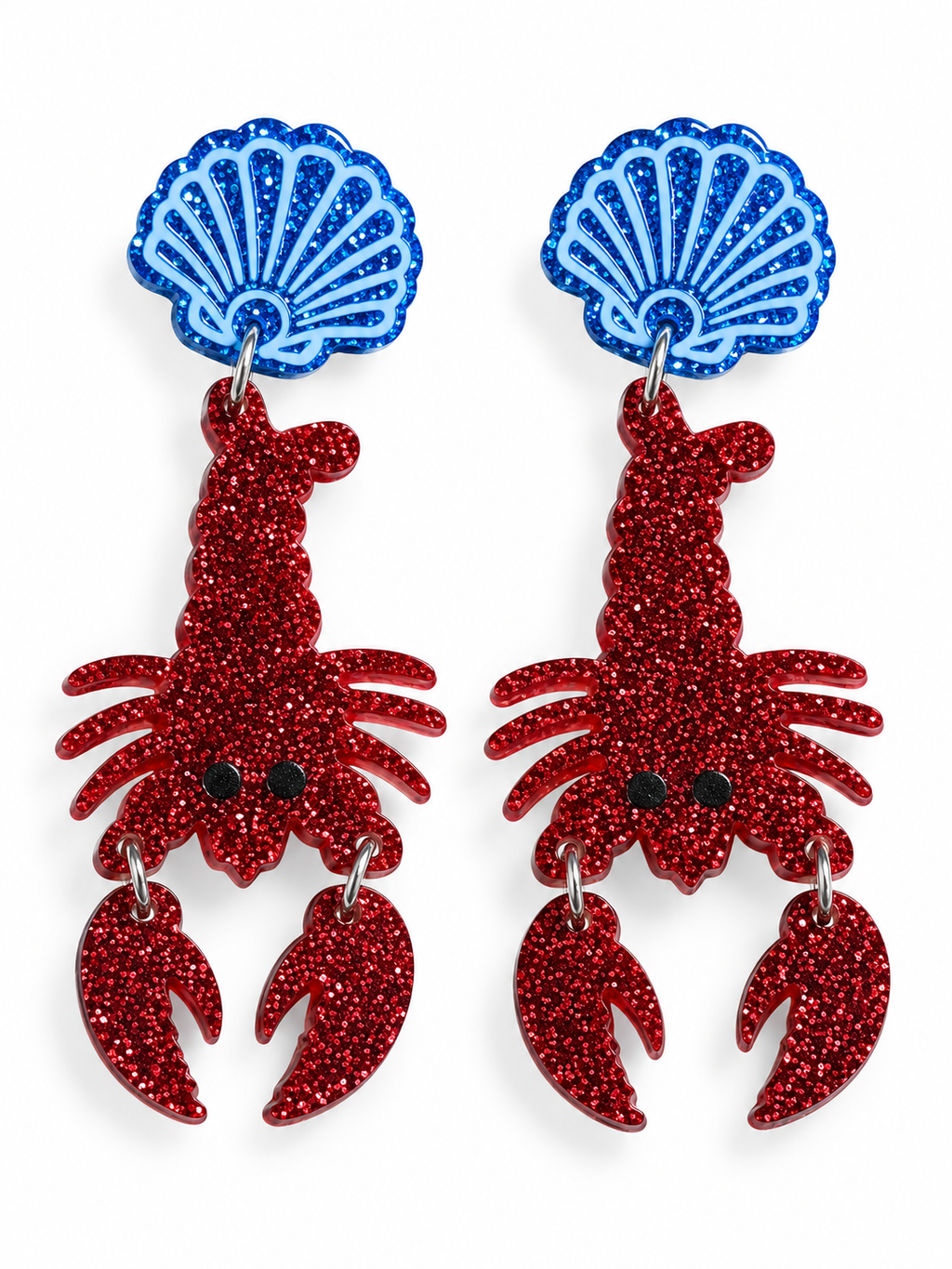 Red glitter Lobster Earrings with blue glitter seashell studs and dangling claws