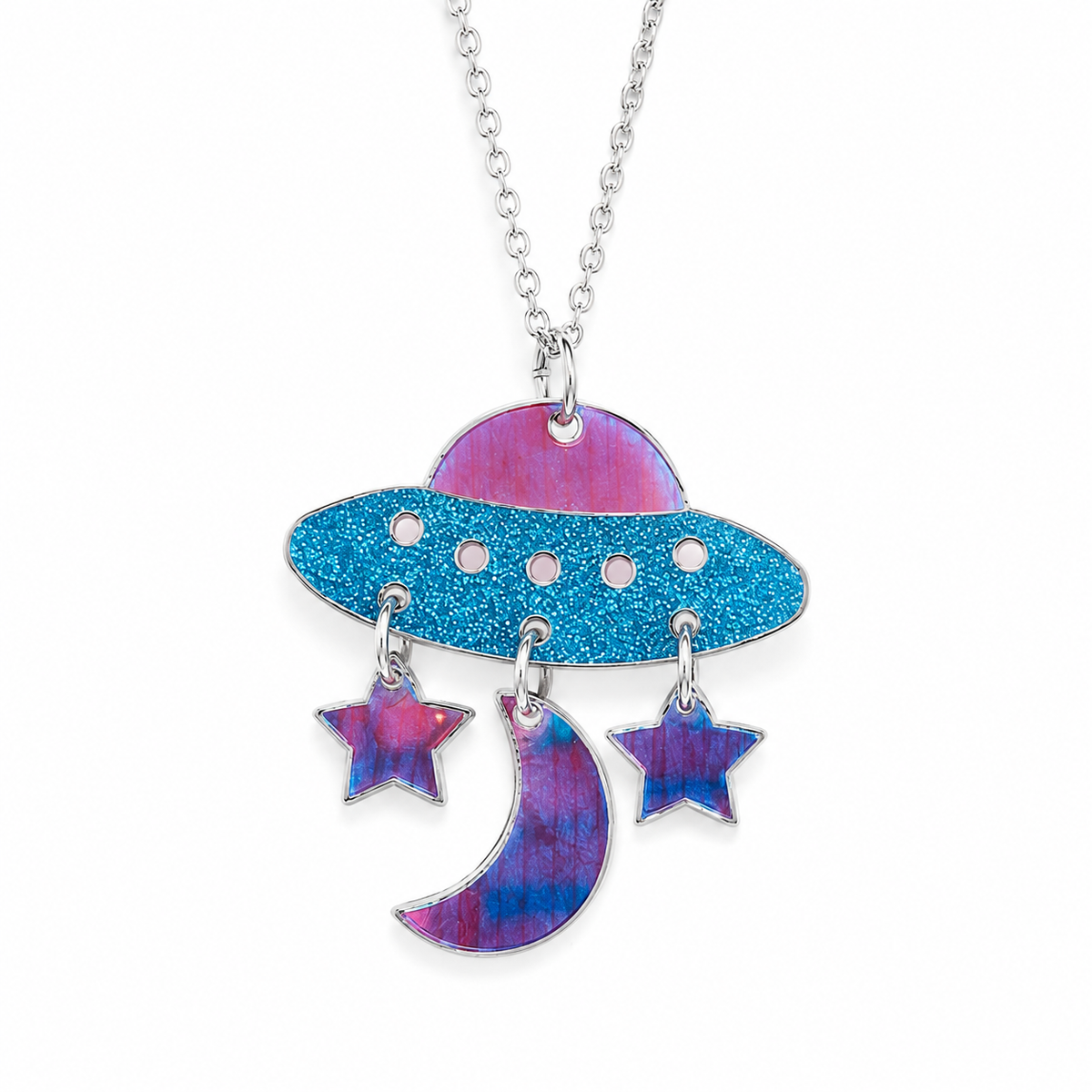 Glitter UFO Necklace with blue spaceship pendant, pink dome and dangling purple crescent moon and star charms