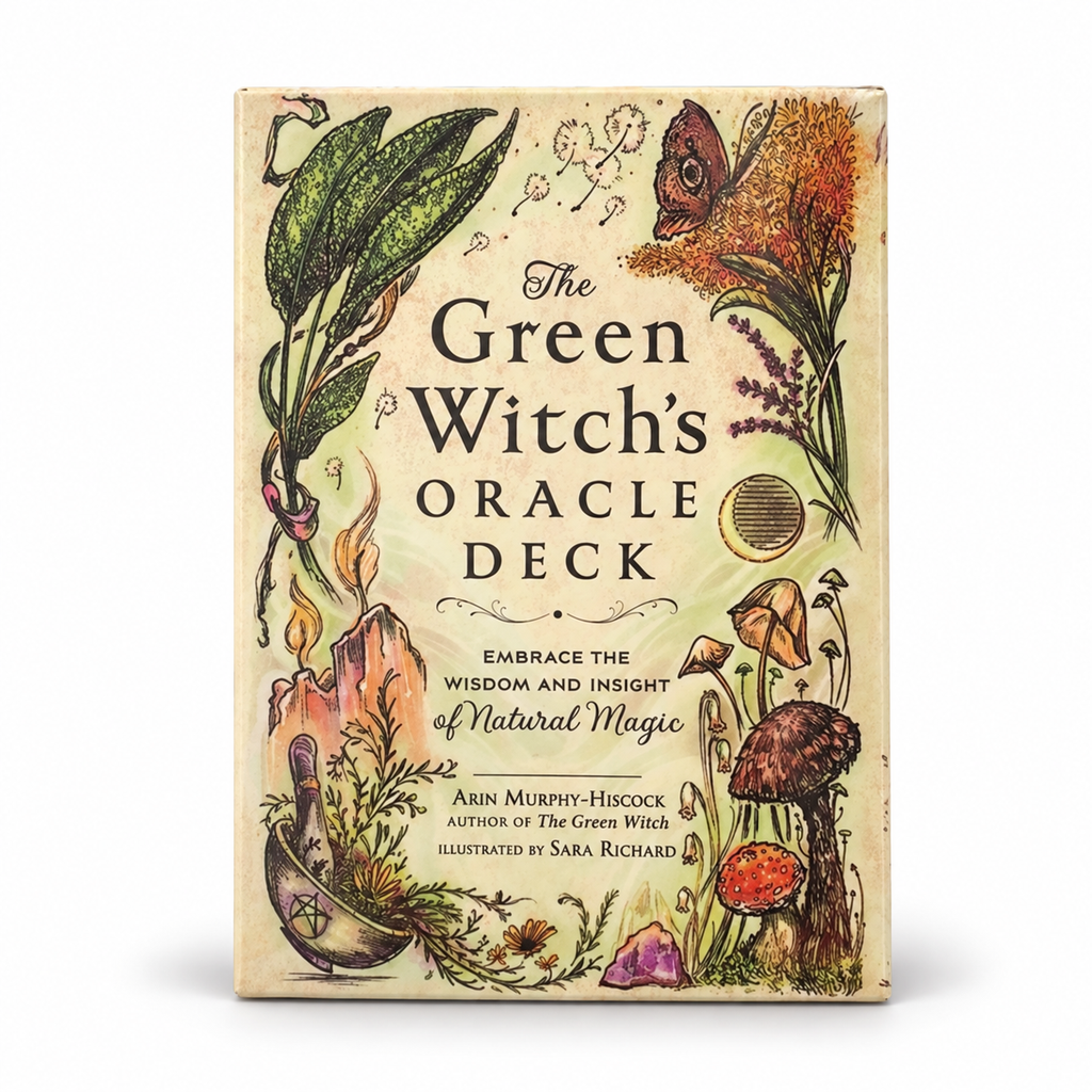 The Green Witch's Oracle Deck box shown upright on a plain white background. The front features whimsical illustrated botanical and natural magic motifs, including a butterfly, flowers, mushrooms, crystals, and a cauldron, with the title in large black text.