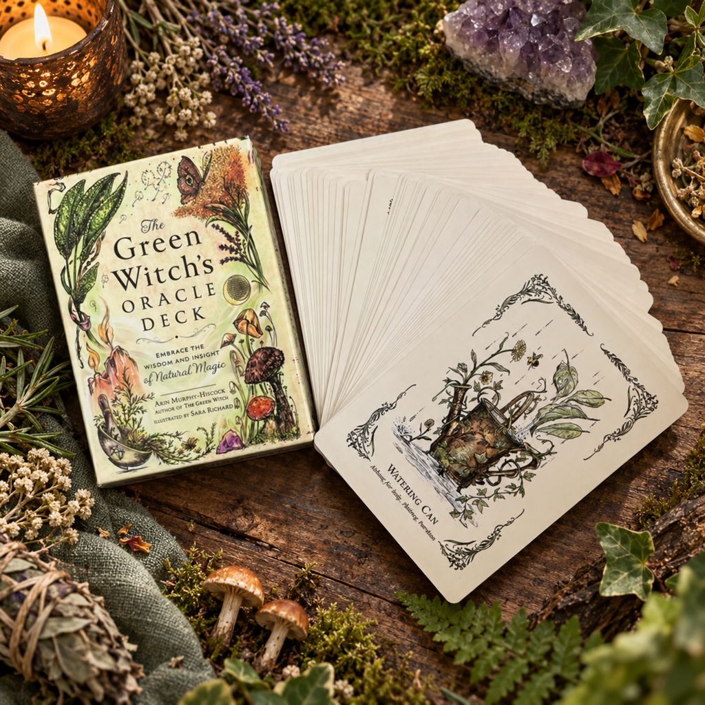 The Green Witch's Oracle Deck box and a fan of cards arranged on a rustic wooden surface with moss, herbs, mushrooms, a candle, and crystals.