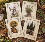 Four illustrated tarot-style cards arranged on a rustic wooden surface with moss, flowers, and natural props. The cards show woodland scenes: a figure with a staff, a potted evergreen, an oak tree acorn and leaf, and a pine tree with moonlit silhouettes.