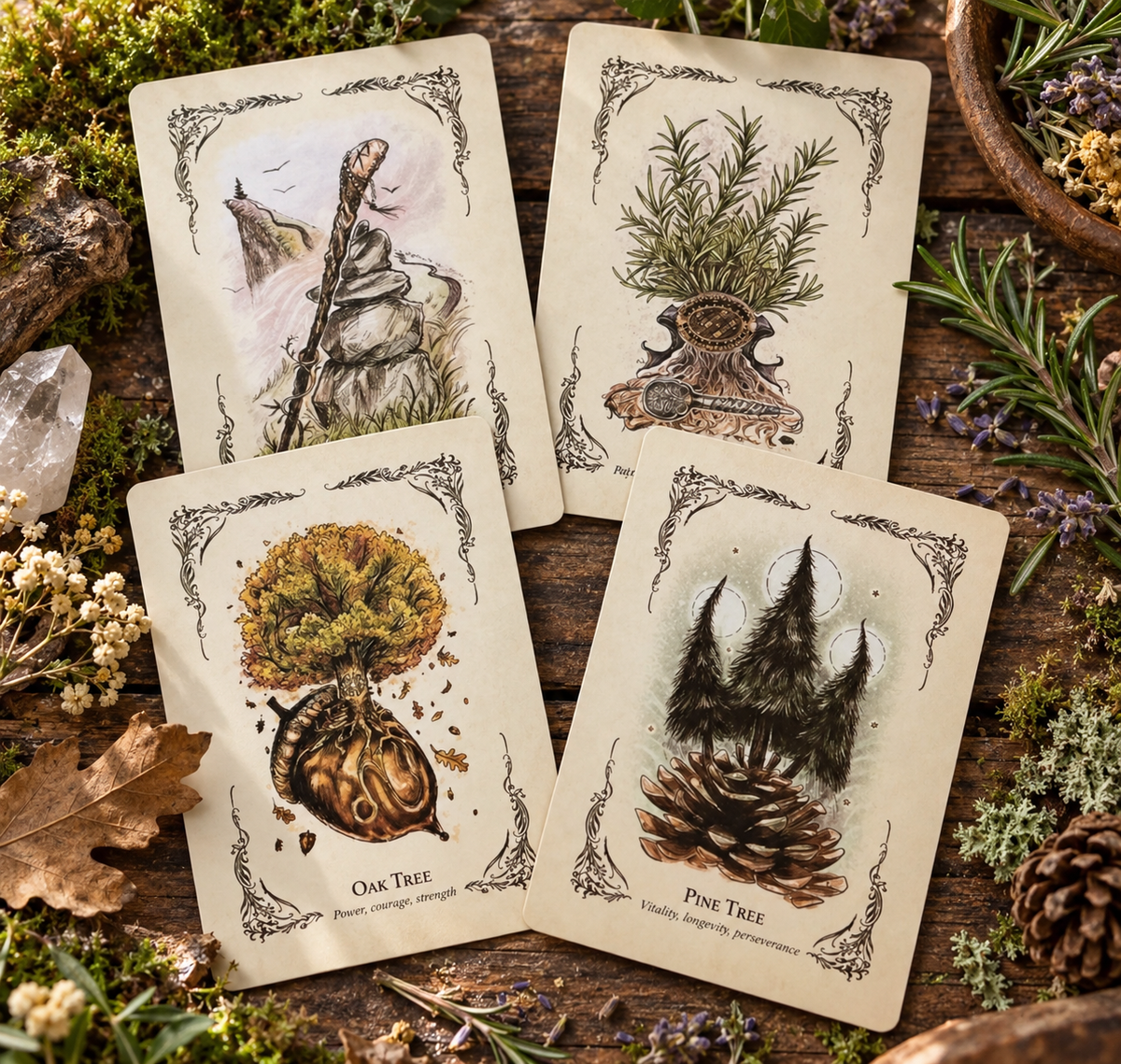 Four illustrated tarot-style cards arranged on a rustic wooden surface with moss, flowers, and natural props. The cards show woodland scenes: a figure with a staff, a potted evergreen, an oak tree acorn and leaf, and a pine tree with moonlit silhouettes.