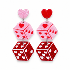 Heart Dice Earrings with pink and glitter red dice, heart-shaped pips and red and pink heart studs