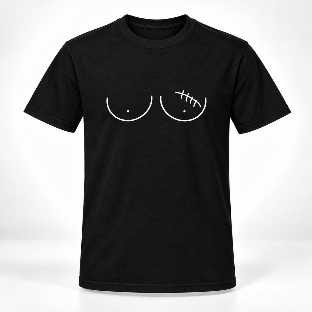 A black short-sleeve crewneck t-shirt featuring a white line-art graphic of a pair of female breasts on the chest, with the left breast featuring a lumpectomy scar