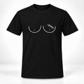 A black short-sleeve crewneck t-shirt featuring a white line-art graphic of a pair of female breasts on the chest, with the left breast featuring a lumpectomy scar