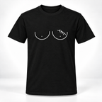 A black short-sleeve crewneck t-shirt featuring a white line-art graphic of a pair of female breasts on the chest, with the left breast featuring a lumpectomy scar