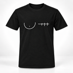 A black short-sleeve crewneck t-shirt with a minimalist white graphic on the chest depicting a breast and a stitched scar, shown against a light gray gradient background.