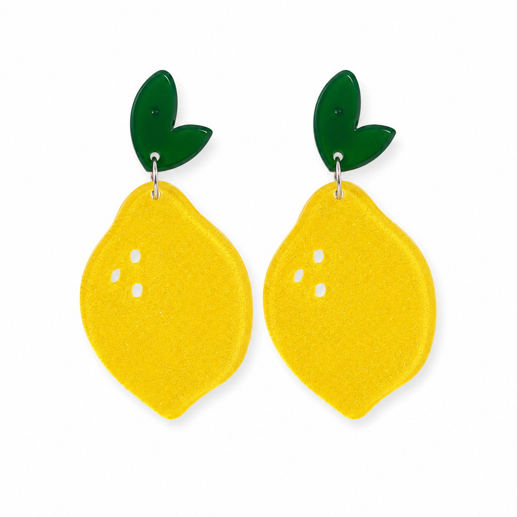 Lemon Dangle Earrings with bright yellow acrylic lemon drops and glossy green leaf-shaped studs