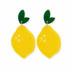Lemon Dangle Earrings with bright yellow acrylic lemon drops and glossy green leaf-shaped studs