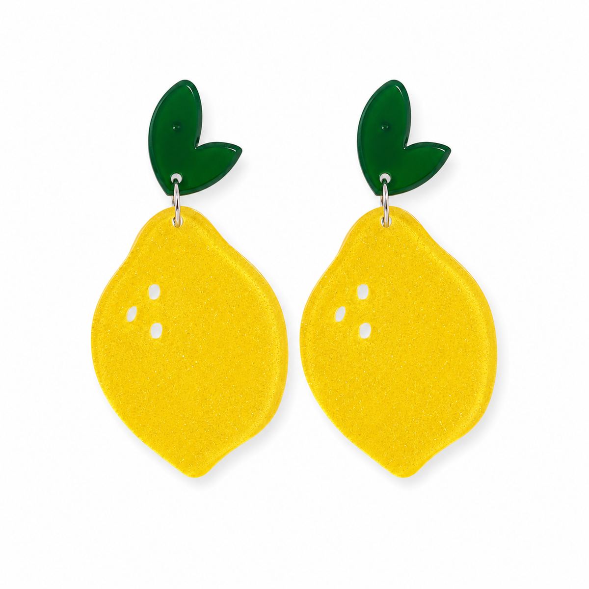 Lemon Dangle Earrings with bright yellow acrylic lemon drops and glossy green leaf-shaped studs