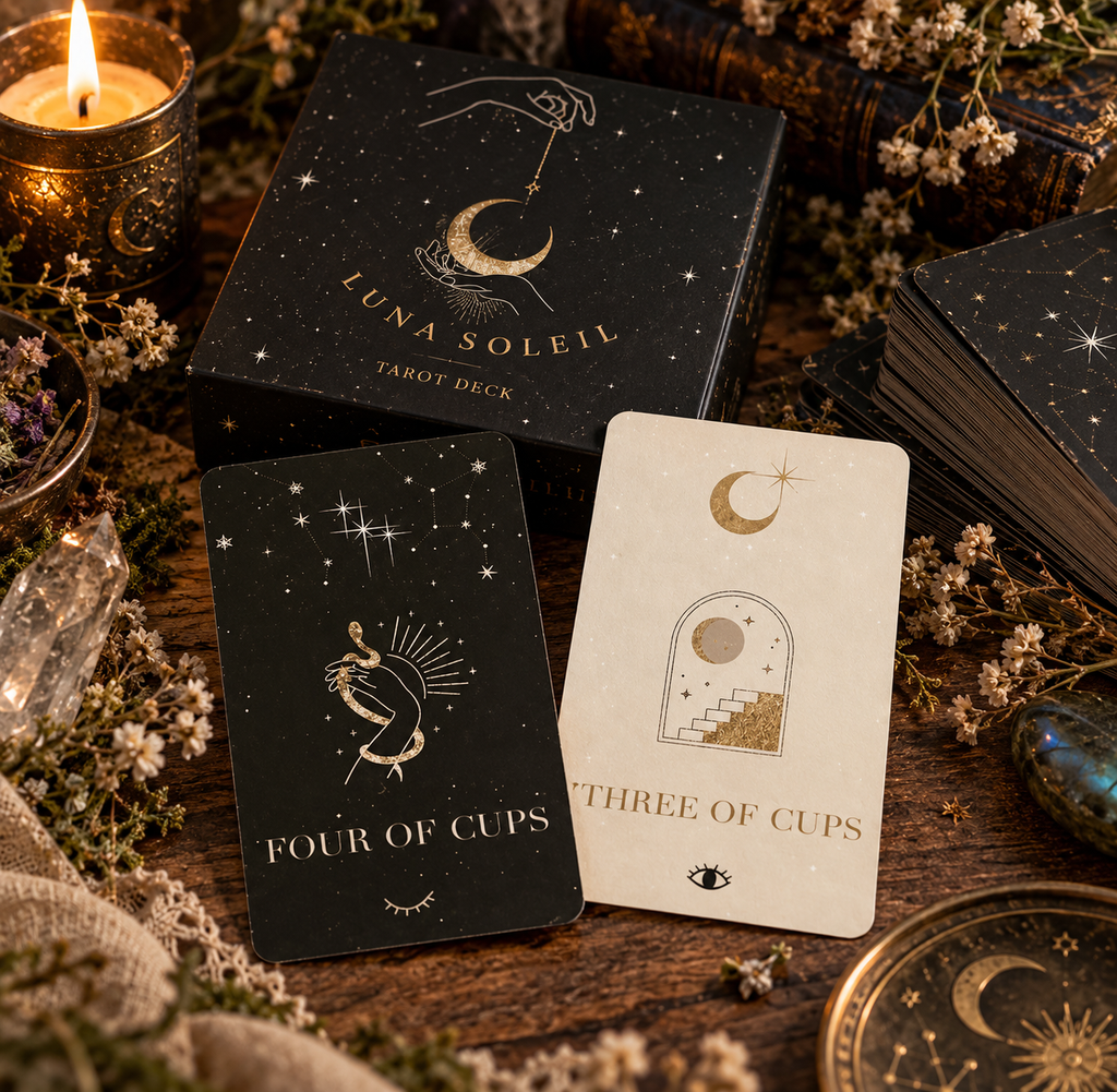 A tarot deck set styled on a rustic wooden surface with dried flowers, crystals, and a lit candle. The box and cards feature a celestial black-and-gold design, with one card showing a cream background and gold illustration.