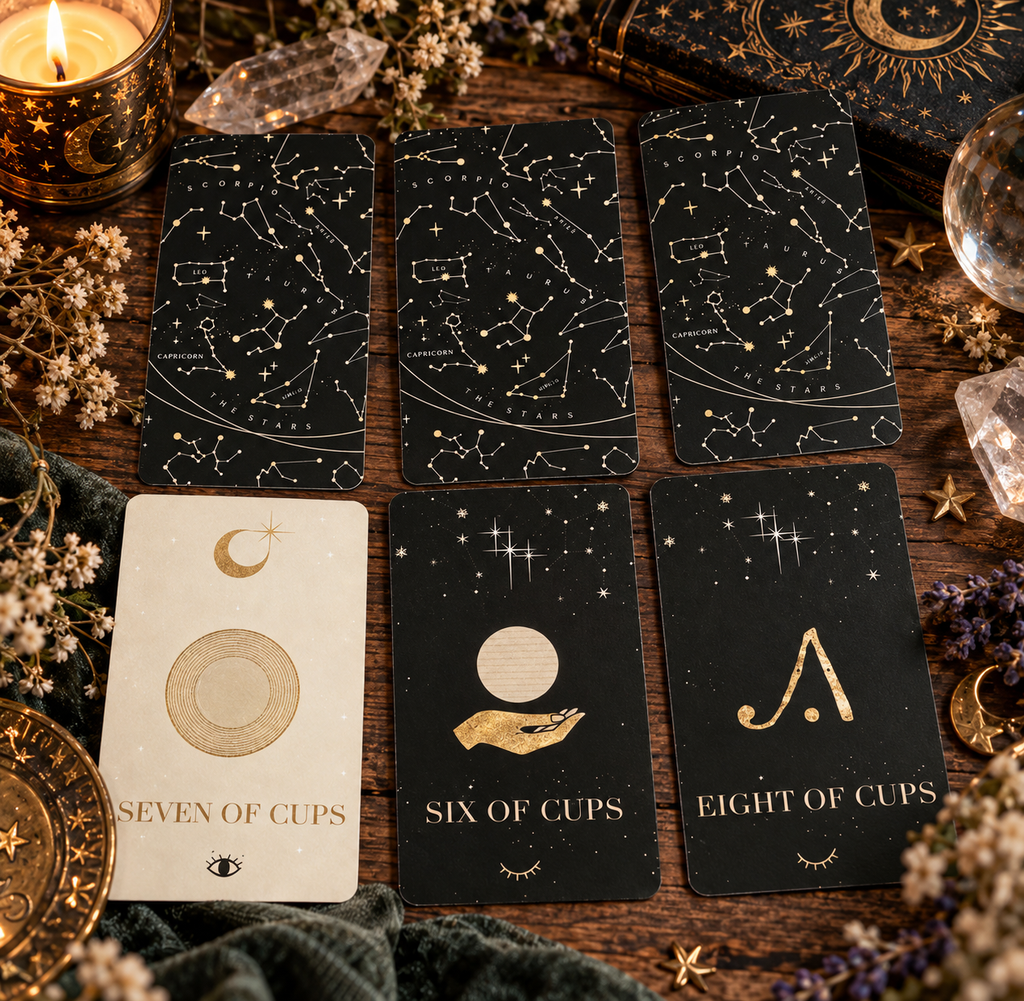 Six tarot cards arranged on a dark wooden surface with crystals, dried flowers, and a candle. Four black cards show gold celestial constellations, and two cream cards show gold cupid motifs: Seven of Cups, Six of Cups, and Eight of Cups.