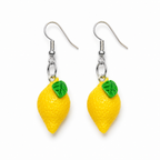 Mini Lemon Earrings with realistic yellow citrus charms, textured peel, green leaves and silver-tone hooks