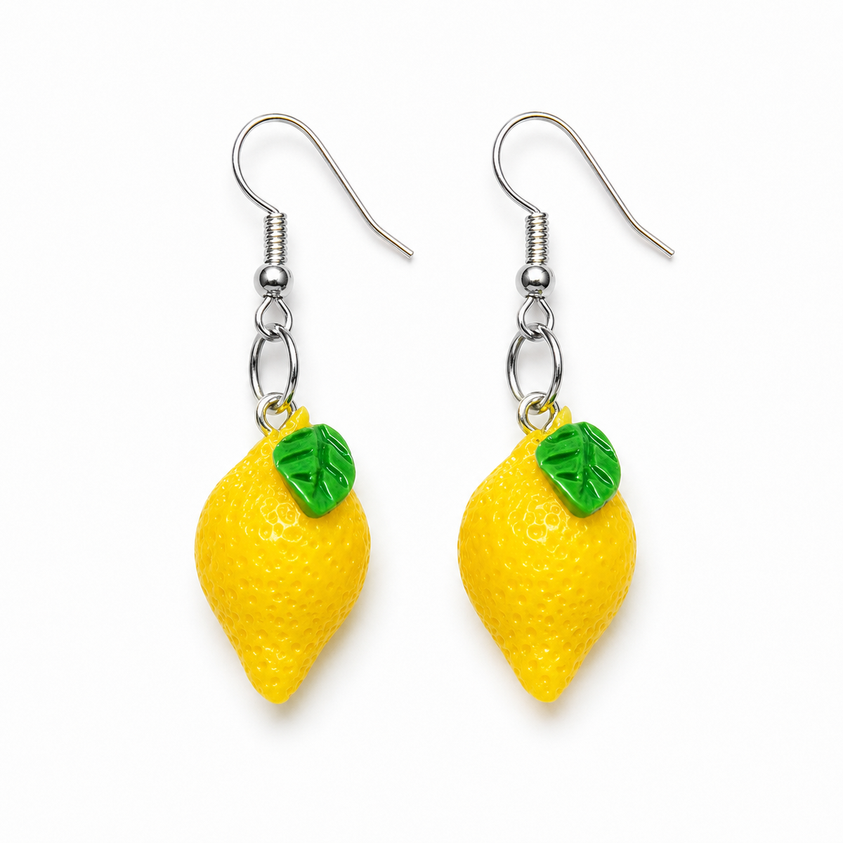 Mini Lemon Earrings with realistic yellow citrus charms, textured peel, green leaves and silver-tone hooks