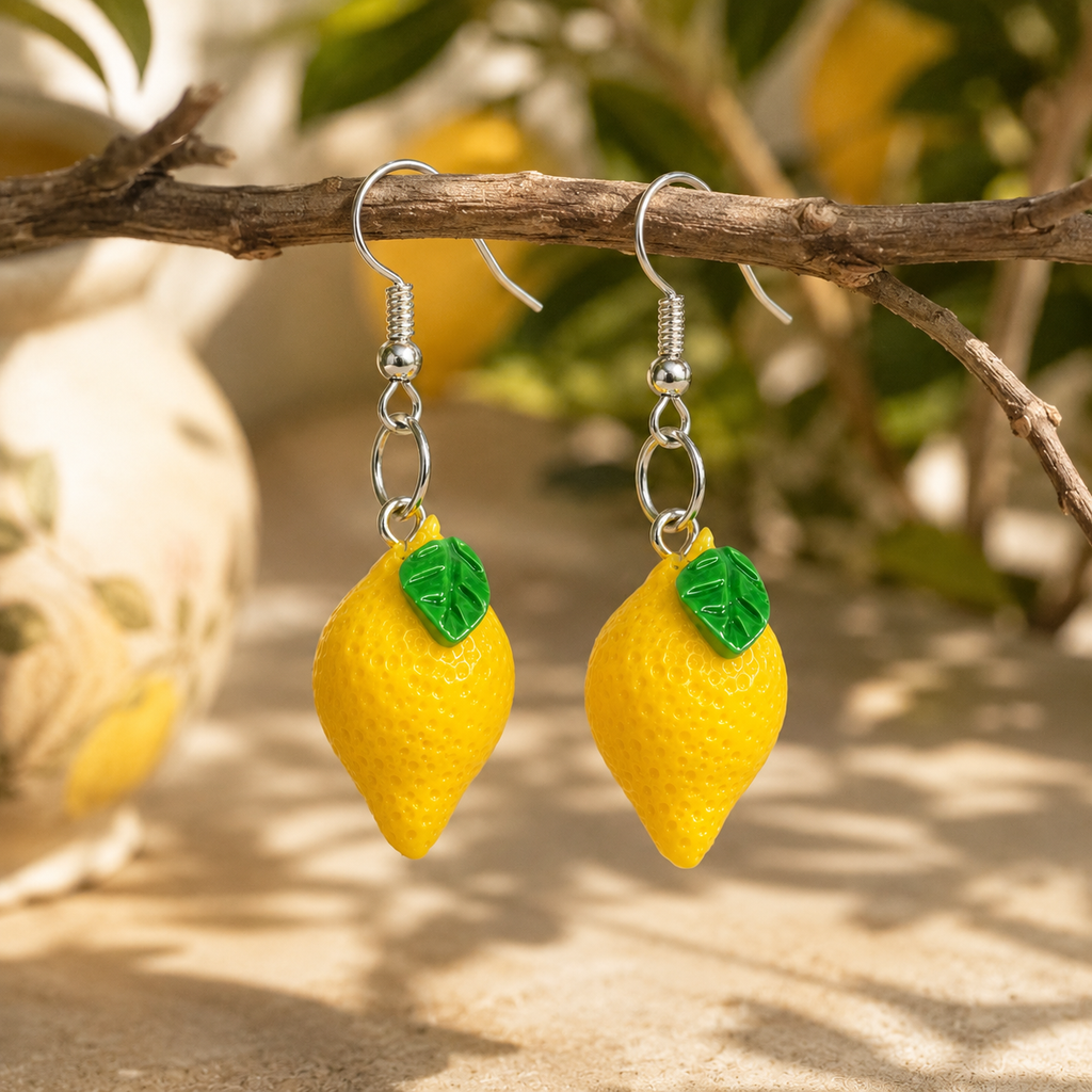 Mini Lemon Earrings with realistic yellow citrus charms, textured peel, green leaves and silver-tone hooks hanging on a branch over the sand