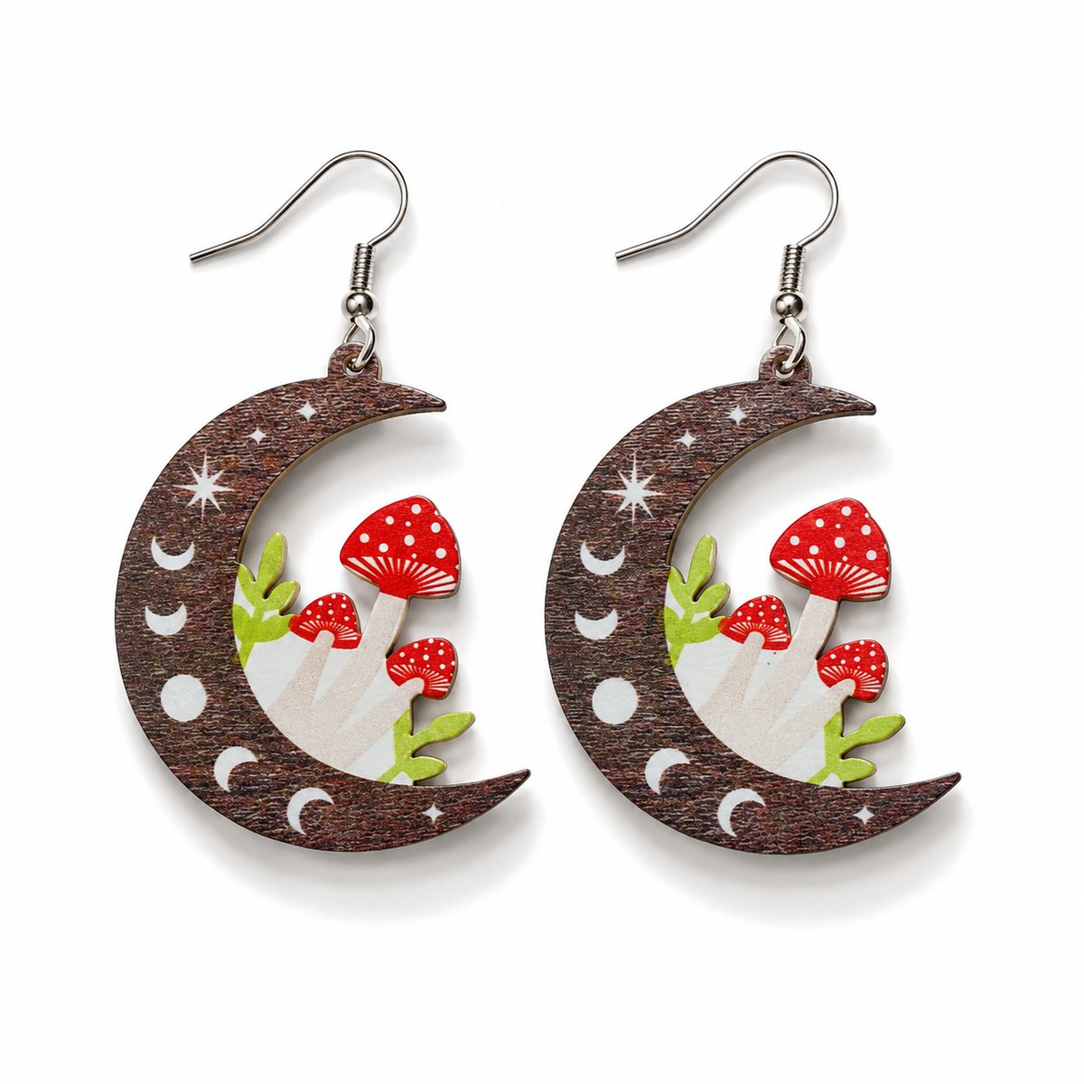 Mushroom Moon Earrings with wooden crescent moons, red toadstool mushrooms, green leaves and celestial details
