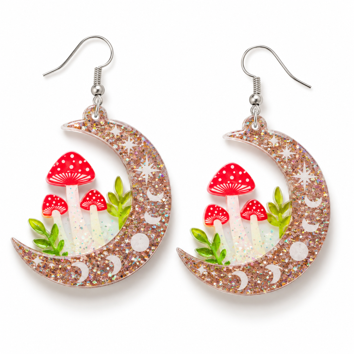 Mushroom Moon Earrings with wooden crescent moons, red toadstool mushrooms, green leaves and celestial details