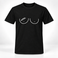 A black short-sleeve crewneck t-shirt featuring a white graphic print of two breasts on the chest, the right one featuring a lumpectomy scar.