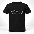 A black short-sleeve crewneck t-shirt featuring a white graphic print of two breasts on the chest, the right one featuring a lumpectomy scar.