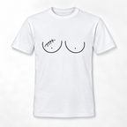 A white short-sleeve crewneck t-shirt featuring a minimalist black line art of two breasts, with the right breast featuring a lumpectomy scar.